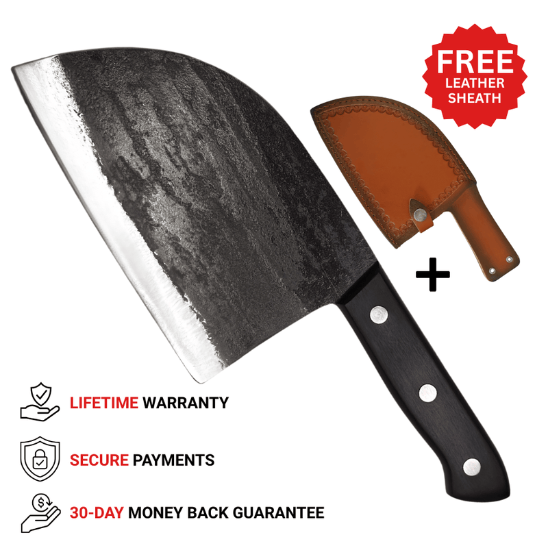 Vachelli Dravok Butcher Knife with durable carbon steel blade for professional butchery, lifetime warranty, secure payments, and 30-day money back guarantee