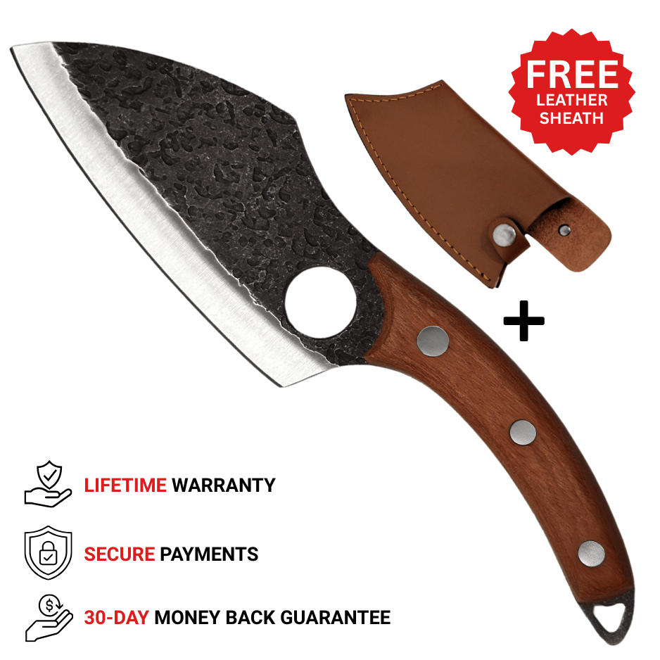 Vachelli Marova Cleaver with carbon steel blade and ergonomic handle, perfect for heavy-duty chopping, lifetime warranty, secure payments, and 30-day money back guarantee