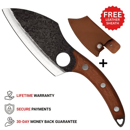 Vachelli Marova Cleaver with carbon steel blade and ergonomic handle, perfect for heavy-duty chopping, lifetime warranty, secure payments, and 30-day money back guarantee