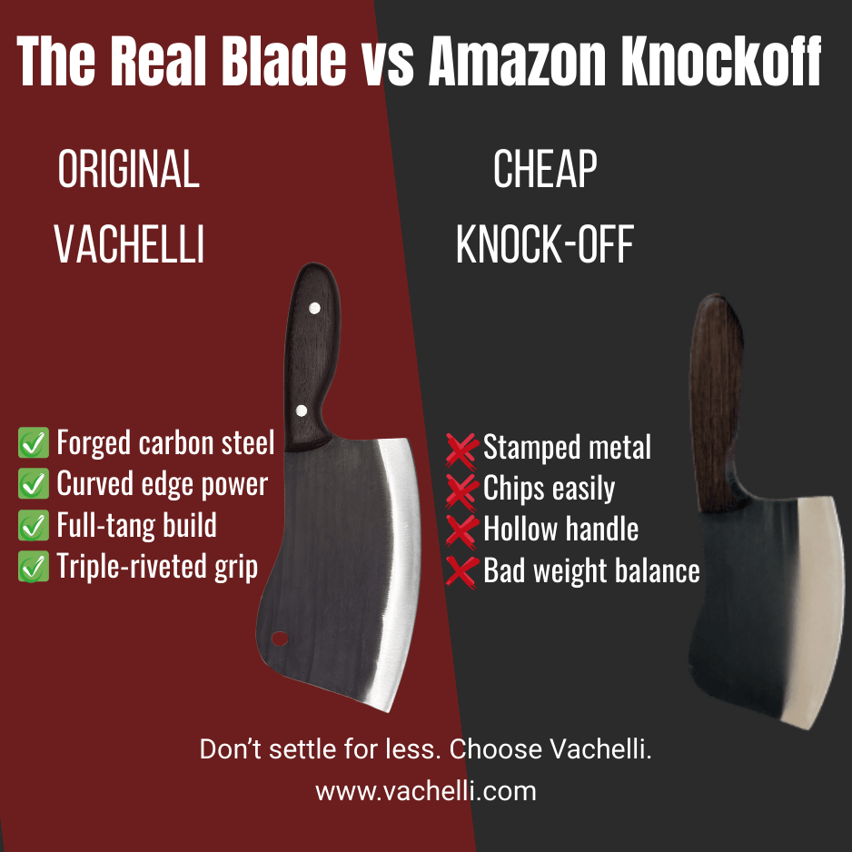 Vachelli Torvani forged carbon steel cleaver vs cheap Amazon knockoff, showing superior build and durability.