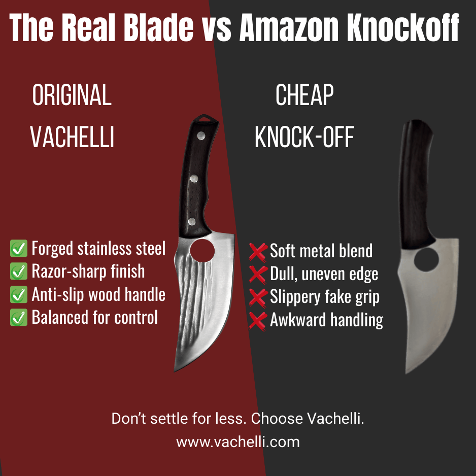 Vachelli Akamori stainless steel butcher knife vs cheap Amazon knockoff, showing strength and durability.