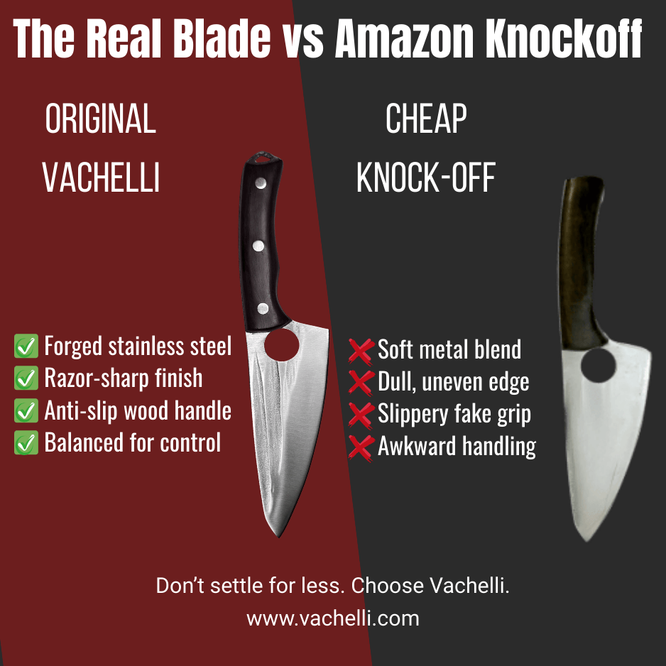 Vachelli Akamori stainless steel chef knife vs cheap Amazon knockoff, showing sharp blade and balance.