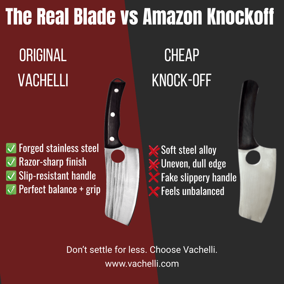 Vachelli Akamori stainless steel cleaver vs cheap Amazon knockoff, showing lightweight yet durable design.