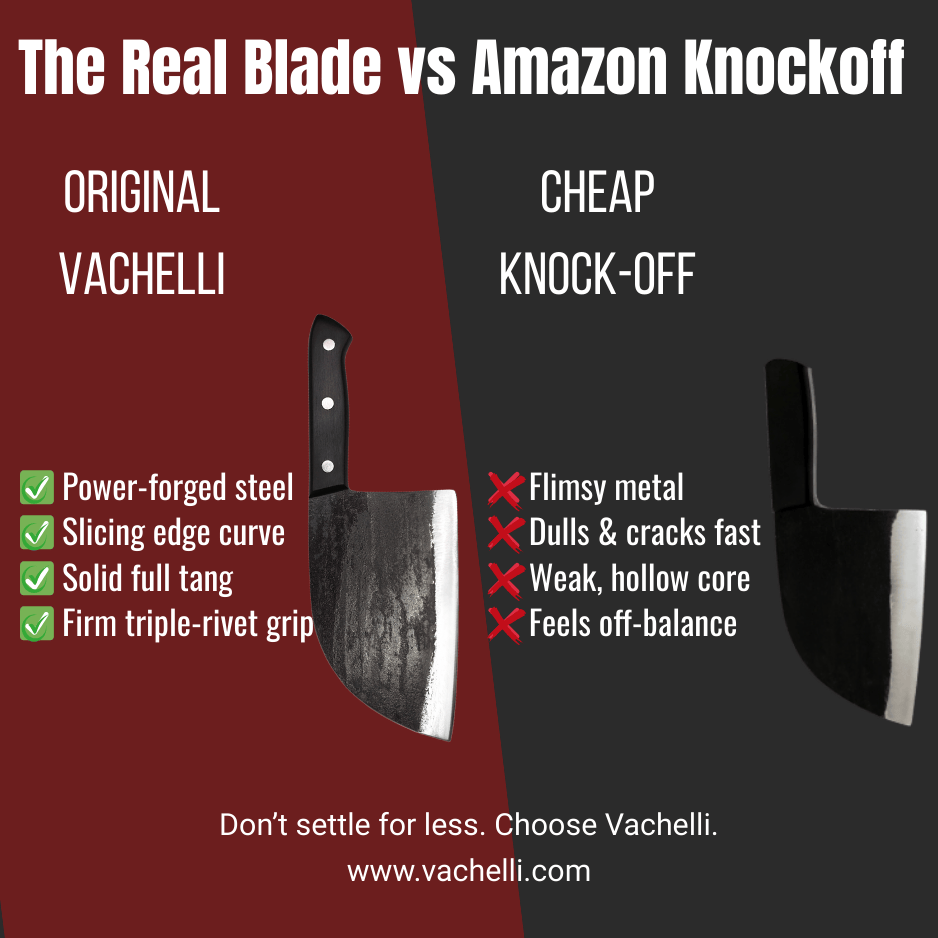 Vachelli Dravok forged carbon steel butcher knife vs cheap Amazon knockoff, showing durability and weight balance.