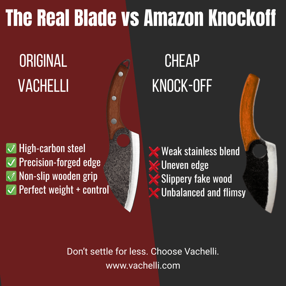 Vachelli Marova forged carbon steel cleaver vs cheap Amazon knockoff, showing superior steel and handle.