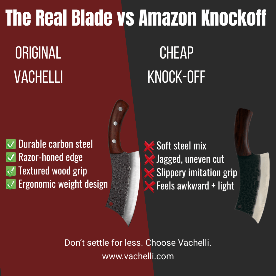 Vachelli Orvian forged carbon steel skinner knife vs cheap Amazon knockoff, showing precision and build quality.