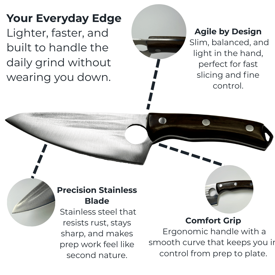 Vachelli Akamori stainless steel chef knife with sharp curved edge, ergonomic handle, and rust resistance.