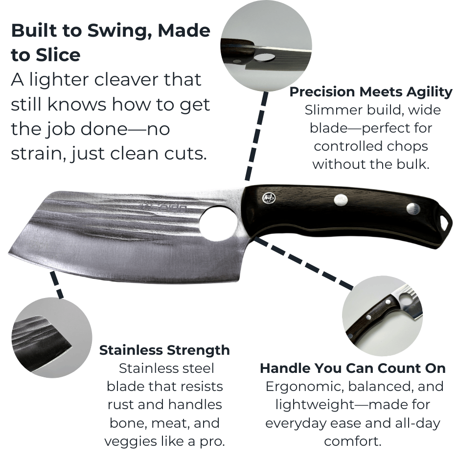 Vachelli Akamori stainless steel cleaver with lightweight handle, rust-resistant blade, and precision cutting edge.