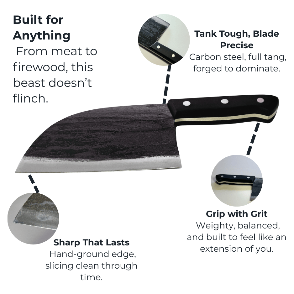 Vachelli Dravok forged carbon steel butcher knife with full-tang blade, strong grip, and rust resistance.