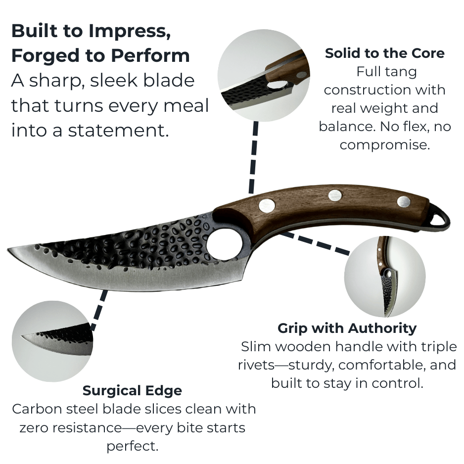 Vachelli Velari forged carbon steel steak knife with hammered blade and wooden handle, shown on white background with labeled features including surgical edge, solid full tang core, and triple-riveted ergonomic grip.