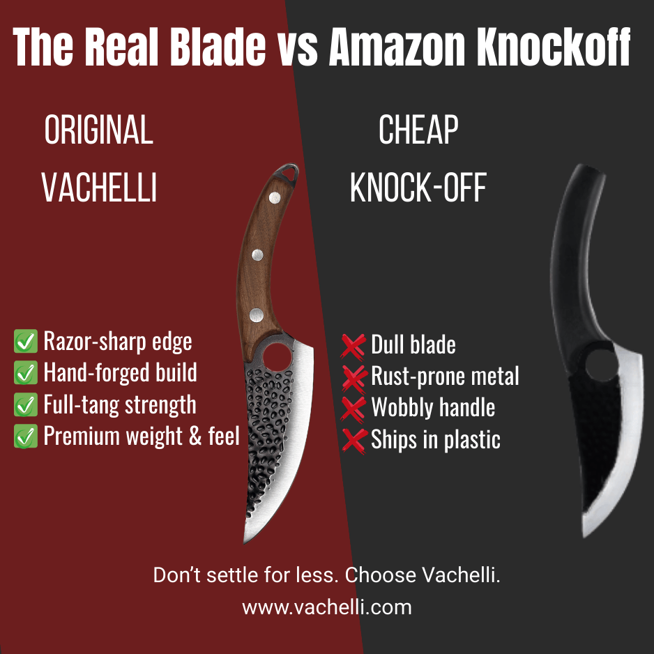 Comparison chart showing Vachelli Velari forged carbon steel steak knife versus a cheap Amazon knockoff. The Vachelli knife features a razor-sharp edge, hand-forged build, full-tang strength, and premium weight, while the knockoff is described as having a dull blade, rust-prone metal, wobbly handle, and ships in plastic. Red and black background with the text 'The Real Blade vs Amazon Knockoff'.