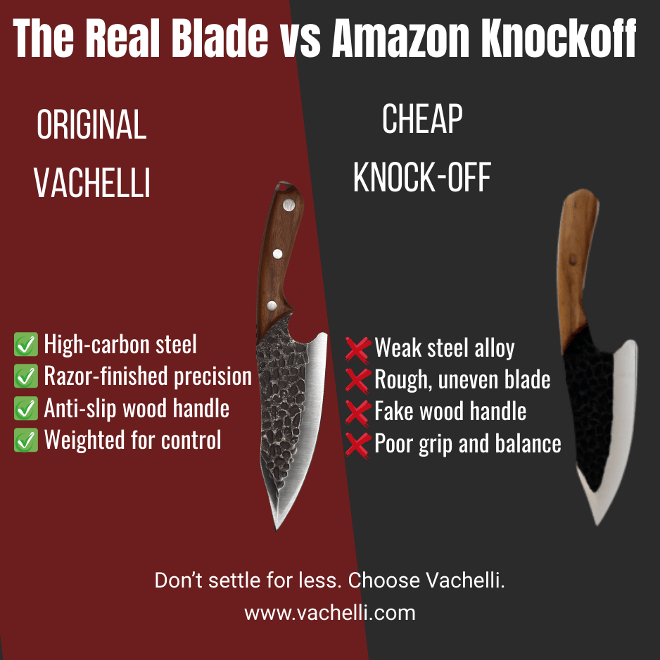 Vachelli Zanari forged carbon steel chef knife vs cheap Amazon knockoff, highlighting blade quality and grip.