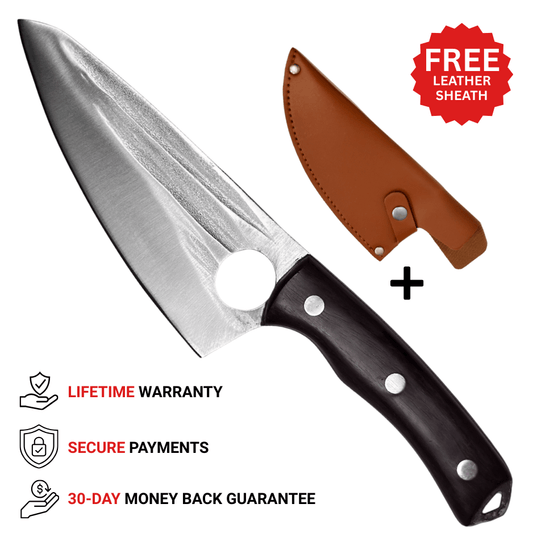 Vachelli Akamori Chef Knife stainless steel blade for precision cutting, ergonomic handle, lifetime warranty, secure payments, and 30-day money back guarantee