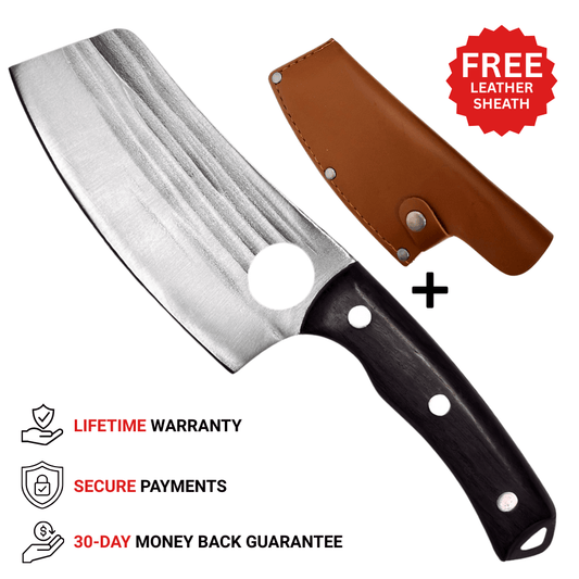 Vachelli Akamori Cleaver stainless steel blade, lightweight design, lifetime warranty, secure payments, and 30-day money back guarantee