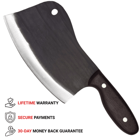 Vachelli Torvani Cleaver knife with full tang handle, lifetime warranty, secure payments, and 30-day money back guarantee