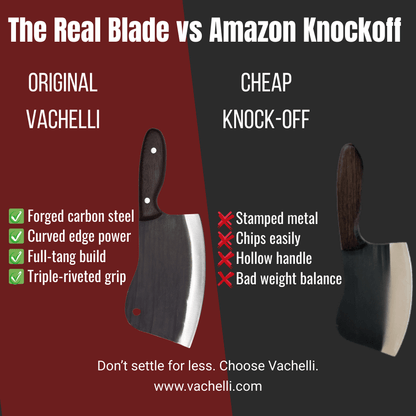 Vachelli Torvani forged carbon steel cleaver vs cheap Amazon knockoff, showing superior build and durability.