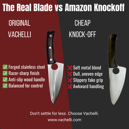 Vachelli Akamori stainless steel chef knife vs cheap Amazon knockoff, showing sharp blade and balance.