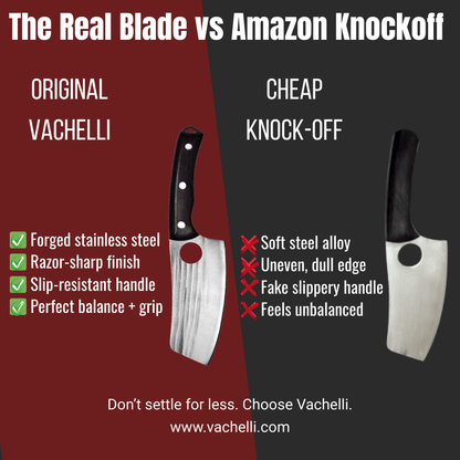 Vachelli Akamori stainless steel cleaver vs cheap Amazon knockoff, showing lightweight yet durable design.