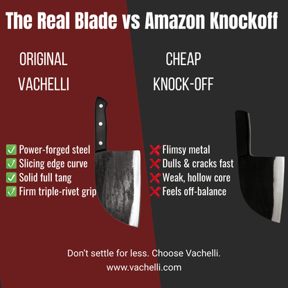 Vachelli Dravok forged carbon steel butcher knife vs cheap Amazon knockoff, showing durability and weight balance.