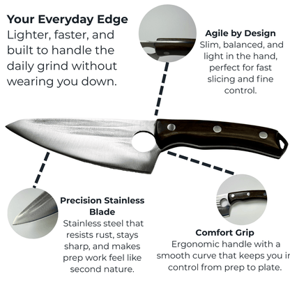 Vachelli Akamori stainless steel chef knife with sharp curved edge, ergonomic handle, and rust resistance.