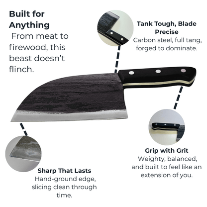 Vachelli Dravok forged carbon steel butcher knife with full-tang blade, strong grip, and rust resistance.