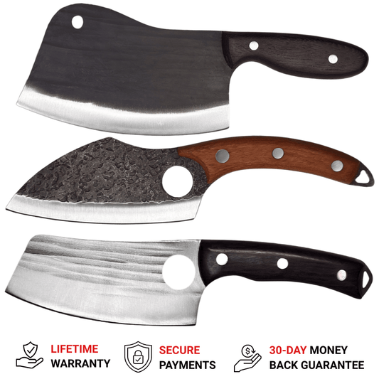 Vachelli Ironjaw Trio premium knife set with three forged kitchen knives.
