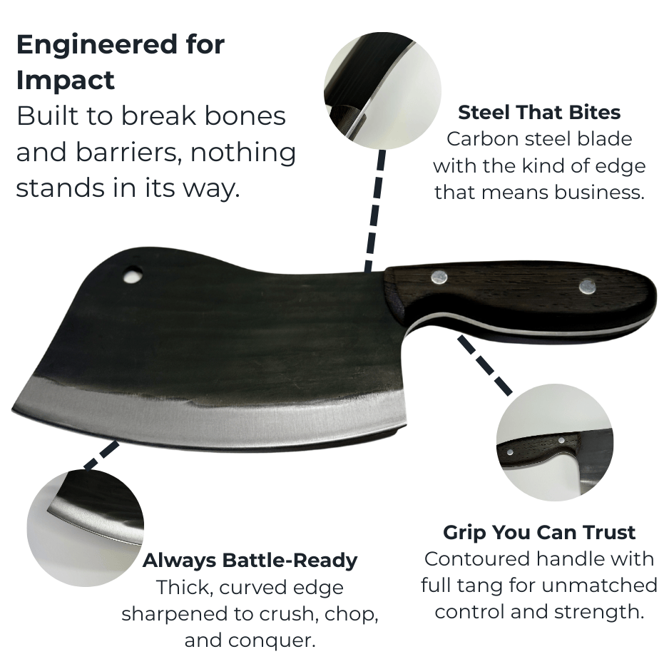 Vachelli Torvani forged carbon steel cleaver with ergonomic grip, rust-resistant blade, and precision cutting design.