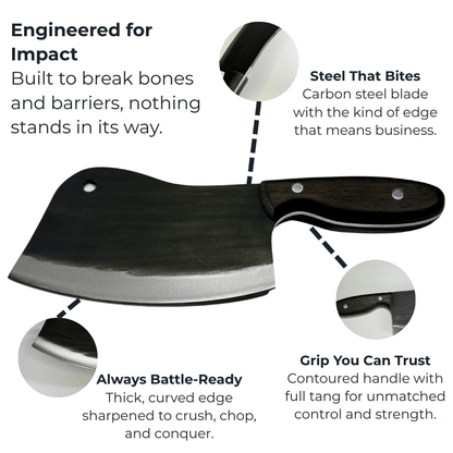 Vachelli Torvani forged carbon steel cleaver with ergonomic grip, rust-resistant blade, and precision cutting design.