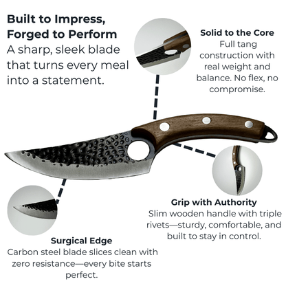 Vachelli Velari forged carbon steel steak knife with hammered blade and wooden handle, shown on white background with labeled features including surgical edge, solid full tang core, and triple-riveted ergonomic grip.