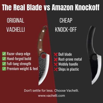 Comparison chart showing Vachelli Velari forged carbon steel steak knife versus a cheap Amazon knockoff. The Vachelli knife features a razor-sharp edge, hand-forged build, full-tang strength, and premium weight, while the knockoff is described as having a dull blade, rust-prone metal, wobbly handle, and ships in plastic. Red and black background with the text 'The Real Blade vs Amazon Knockoff'.